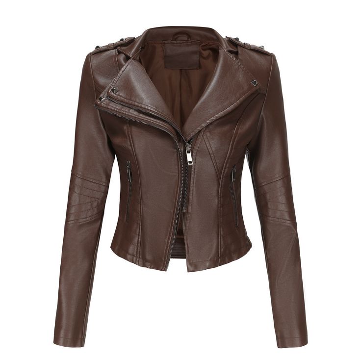 Slim-Fit Collared Leather Jacket for Spring/Autumn - Ivory,XL Solid Color Long Sleeve Faux Leather Jacket, Fitted Faux Leather Jacket For Winter, Fitted Biker Jacket For Fall, Fall Faux Leather Biker Jacket, Fall Biker Faux Leather Jacket, Hooded Faux Leather Outerwear For Fall, Fall Faux Leather Hooded Outerwear, Fall Hooded Faux Leather Outerwear, Fitted Brown Faux Leather Outerwear