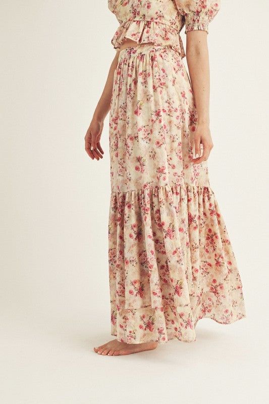 Rose print maxi skirt. See 'Garden Romance Rose Print Babydoll Top' for complete look. Features: High waistline Smocked back Flowy tiered silhouette Fabric: 70% Tencel 20% Nylon 10% Flax JS6983 Flowy Tiered Maxi Skirt With Smocked Back, Feminine Tiered Maxi Skirt For Summer, Summer Tiered Maxi Skirt With Smocked Back, Spring Maxi Skirt With Smocked Back, Feminine Ruffled Maxi Skirt, Feminine Tiered Maxi Skirt For Garden Party, Feminine Maxi Skirt With Ruffles, Feminine Maxi Dress With Smocked Back And Tiered Skirt, Feminine Maxi Skirt For Spring