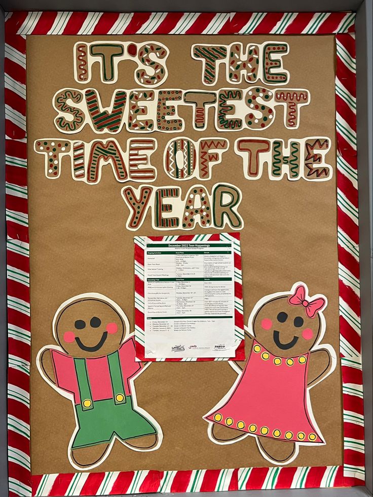 a bulletin board with two gingerbreads on it and the words, it's the sweetest time of the year