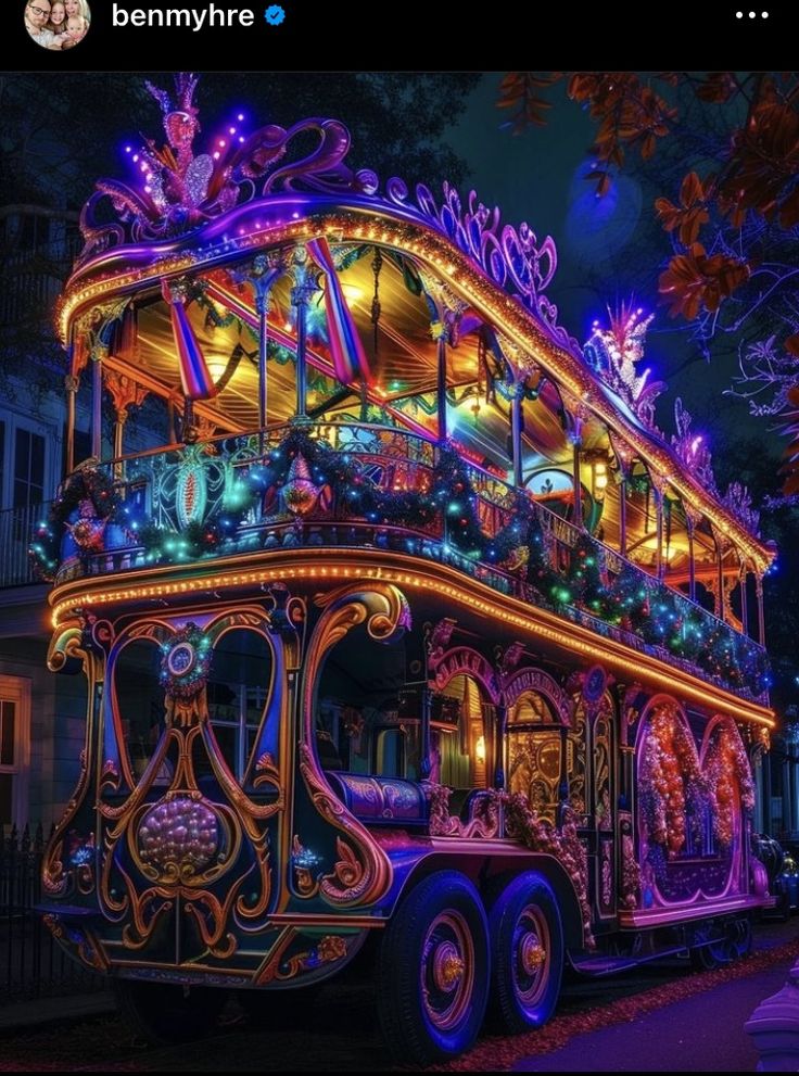 a bus decorated with lights and decorations on the front is lit up at night time