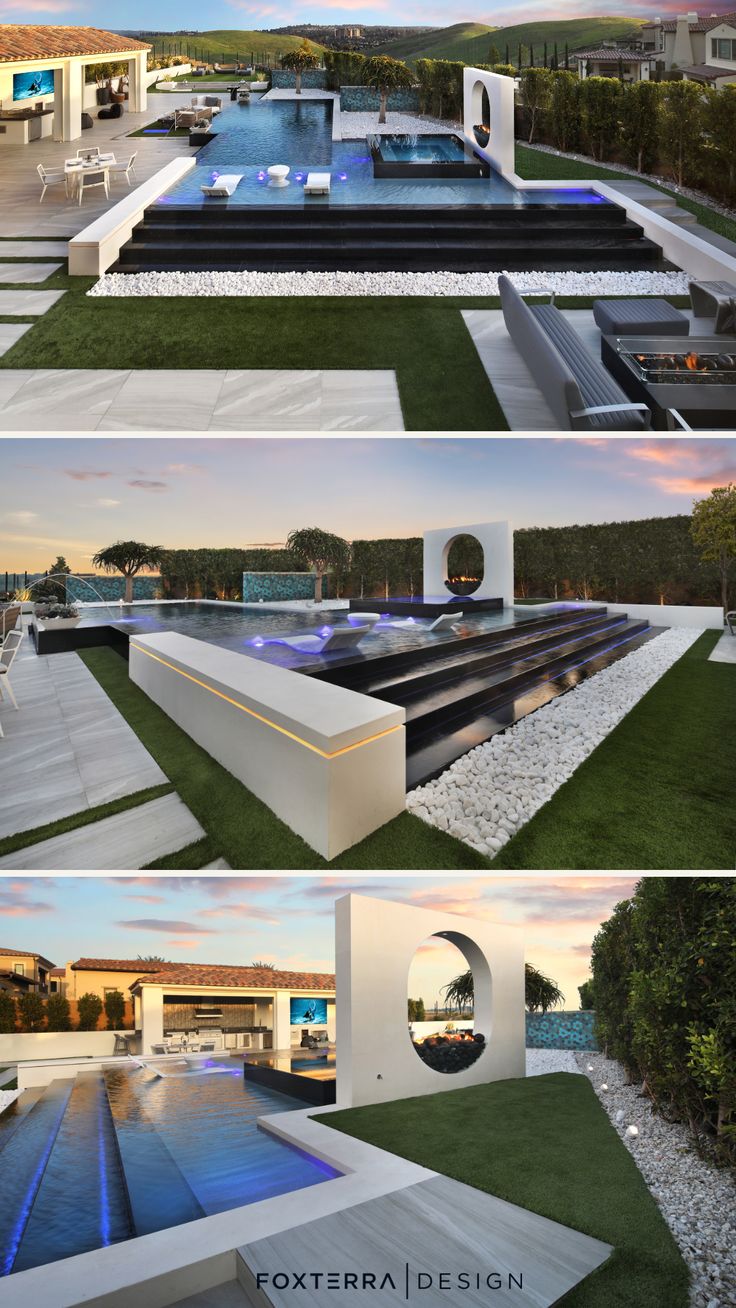 three different views of a modern house with pool in the middle and landscaping around it