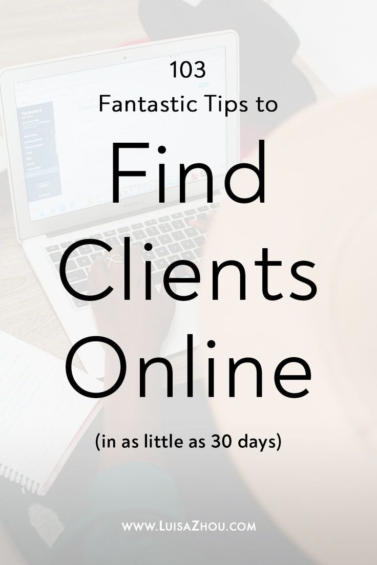 a person typing on a laptop with the title'103 fantastic tips to find client online in as little as 30 days