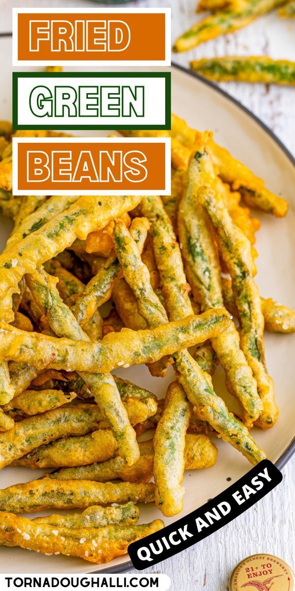 fried green beans on a plate with text overlay