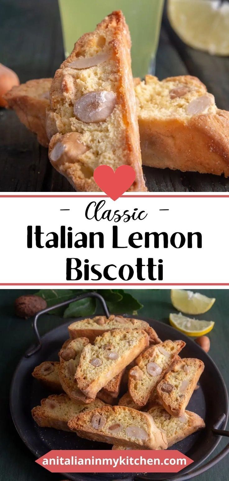 the italian lemon biscotti is cut into pieces and served on a black plate