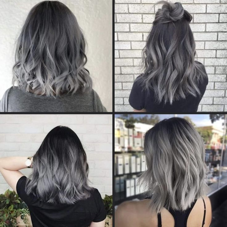 Ash Short Hair Color, Steel Grey Balayage, Short Black Hair With Grey Balayage, Black Silver Ombre Hair Short, Ombré Silver Hair, Dark Grey Hair Charcoal Short, Gray Balayage On Dark Hair Short, Silver Ash Hair Color, Black To Grey Ombre Hair Short