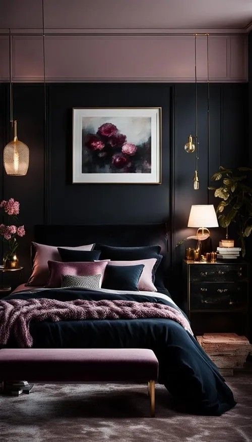 a bedroom with black walls, purple bedding and pink accents on the headboard