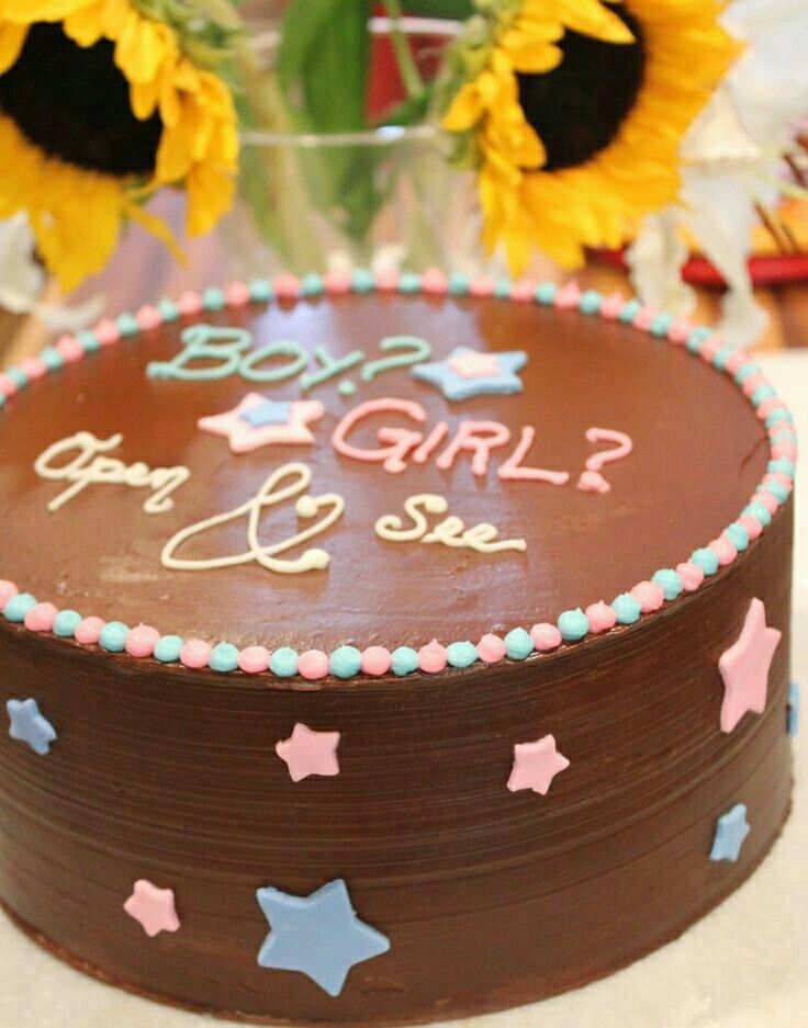 a chocolate cake with sunflowers in the background and writing on it that says boy, girl? i love you