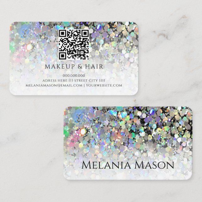 two white business cards with silver glitter on the front and back, one has a qr code for makeup & hair