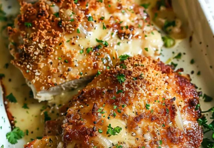 two pieces of chicken covered in parmesan cheese and garnished with herbs