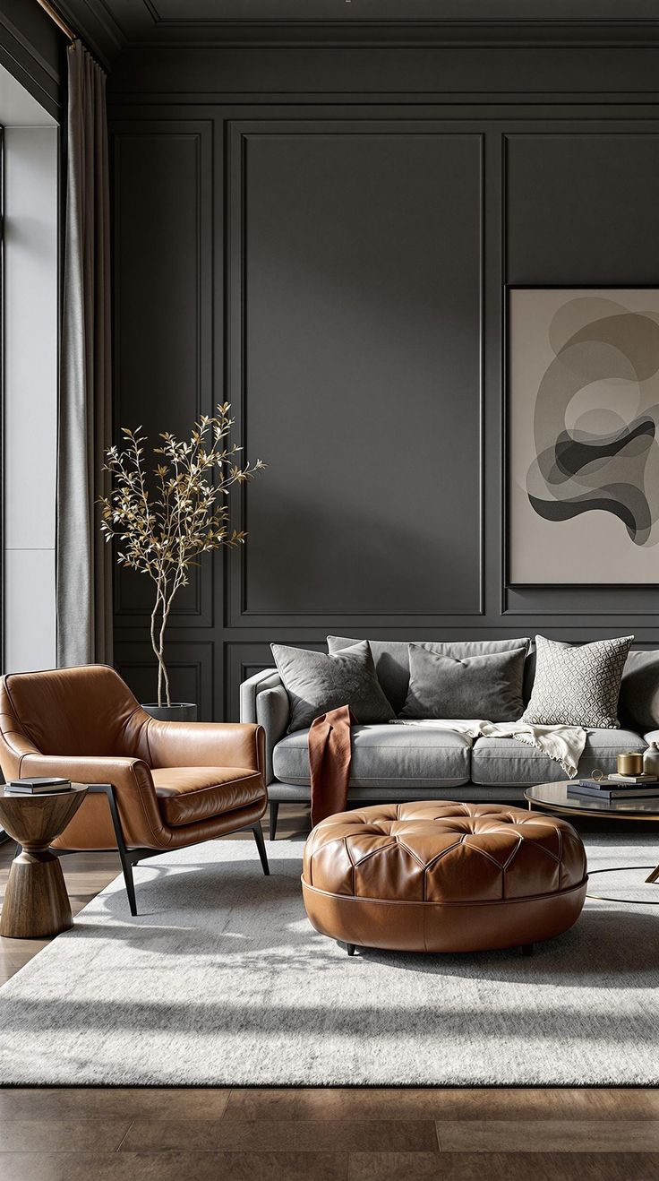 Grey Couch Living Room Grey Couch And Leather Chair, Accent Chairs To Go With Gray Leather Couch, Grey Mid Century Modern Living Room, Grey Built Ins Living Room, Grey Sofa In Living Room, Gray Furniture Living Room Decor, Grey Couch Ideas, Contemporary Living Room Grey, Charcoal Living Room