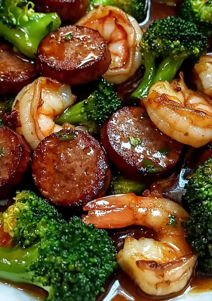 shrimp and broccoli stir fry with sauce in a white bowl