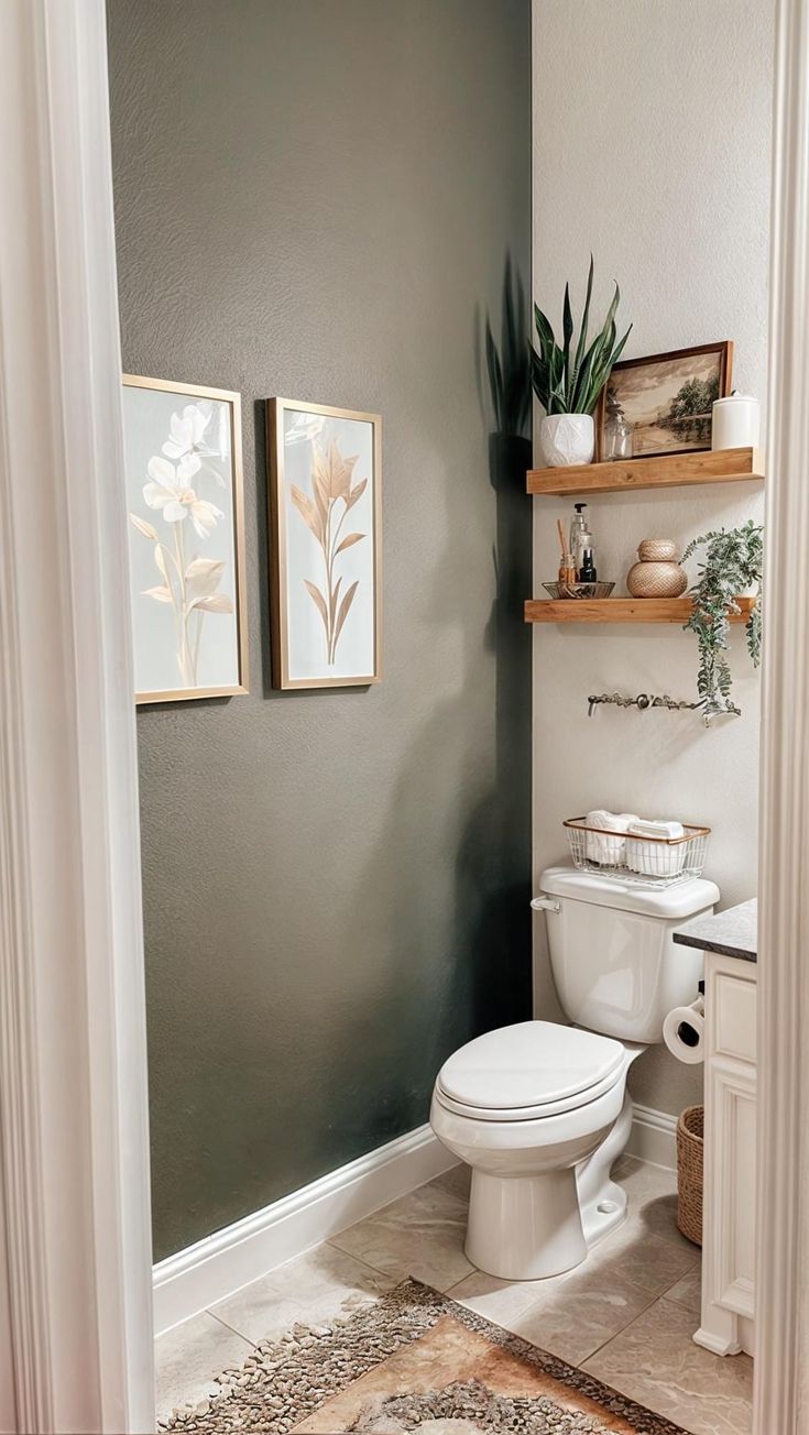 a white toilet sitting in a bathroom next to a wooden shelf filled with potted plants