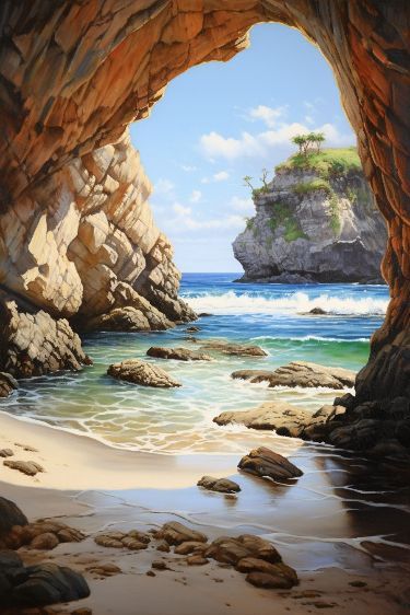 an oil painting of a beach scene with rocks and water