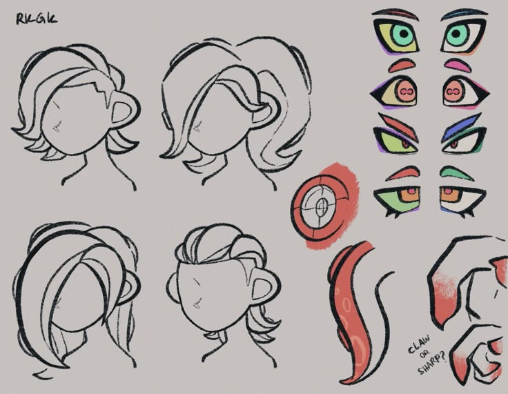 a drawing of different types of eyes and hair