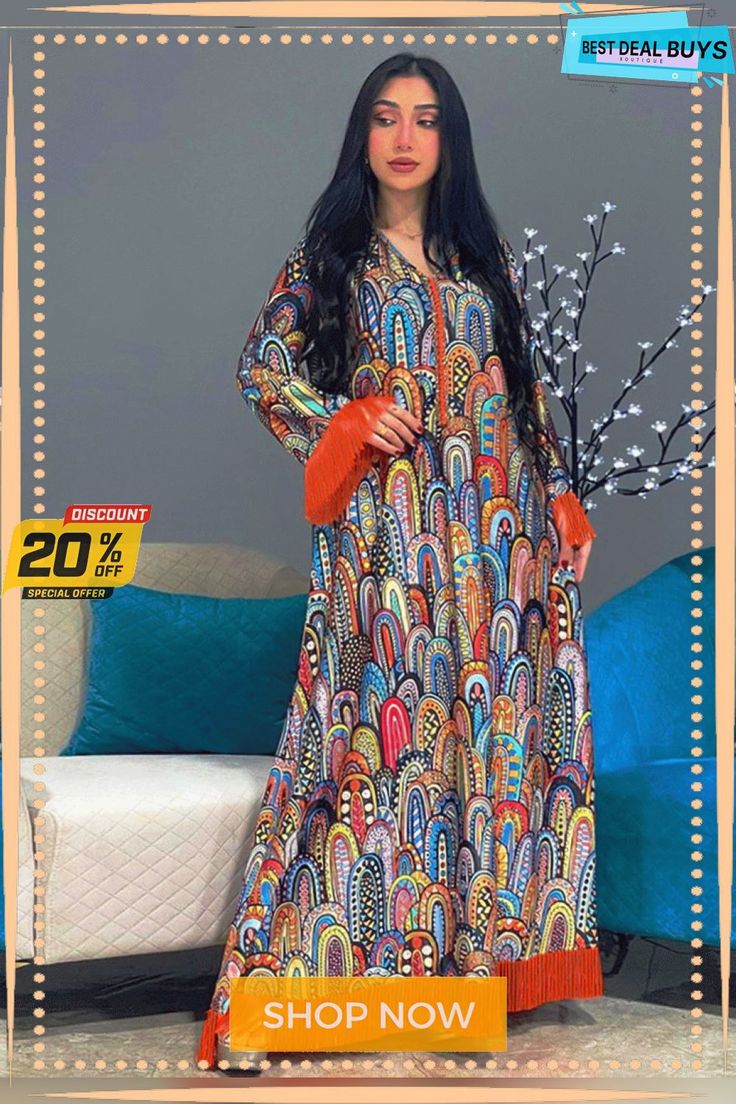 Arabian Muslim Fashion Print Dress Robe Casual Colorful Patterned Party Dress, Casual Party Dress With Colorful Pattern, Fall Multicolor Maxi Dress, Bohemian Long Sleeve Multicolor Print Dress, Patterned V-neck Party Dress, Patterned V-neck Maxi Dress, Long Sleeve Printed Midi Dress, Multicolor Print V-neck Party Dress, Long Sleeve Printed Shift Midi Dress