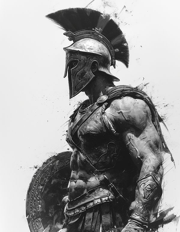 a black and white photo of a roman soldier in armor with a helmet on his head