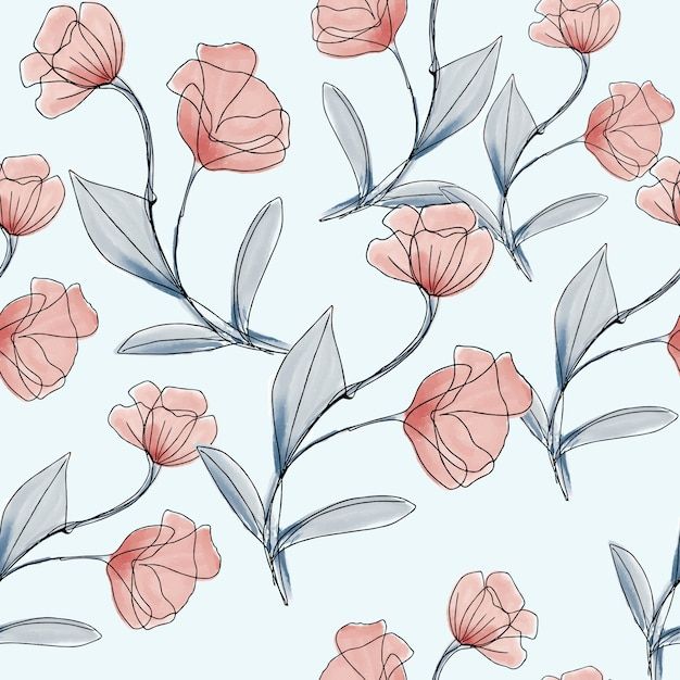 a pattern with pink flowers and leaves on a light blue background in the style of watercolor