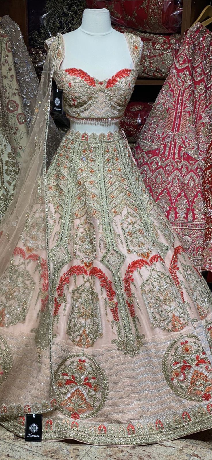 Light pink intricate with fully sequence, studs motifs thread embroidery and crystal stone work lehenga embellished with beautiful outline in red sequins paired with sweetheart neckline blouse and net dupatta. Fabric Net Custom designed according to client measurements and color preference. Production and delivery time is 90days! Stone Work Lehenga, Sequence Work Embroidery, Sweetheart Neckline Blouse, Work Lehenga, Abstract Embroidery, Geometric Embroidery, Embroidered Gifts, Embroidered Shoes, Blue Bridal