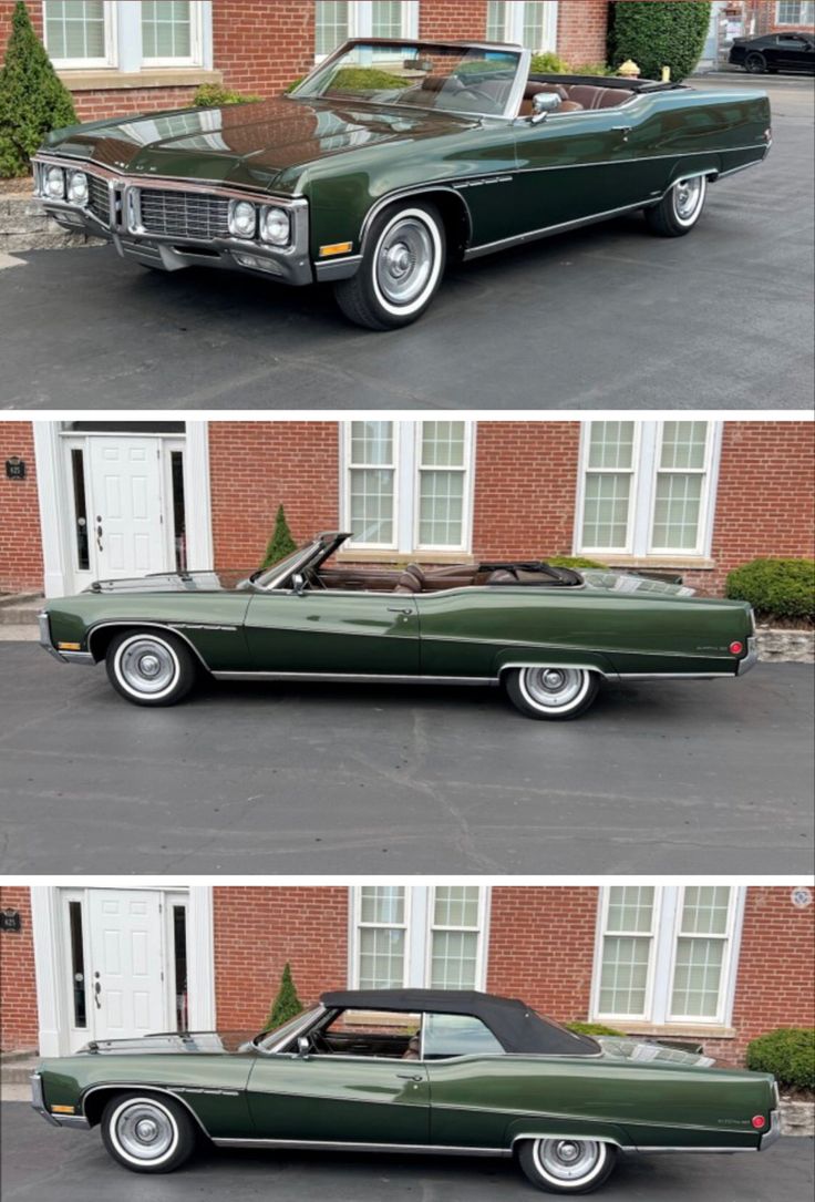 two pictures of a green car parked in front of a brick building