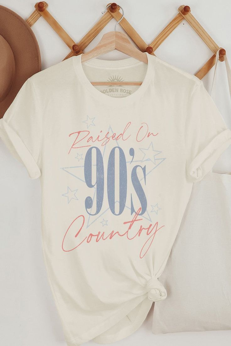 Oversized Fit T-Shirt with Vintage Retro Slight Distressed Typography 'Raised on 90s Country' With Star Background. Printed on 100% Ring Spun Cotton T-Shirt. DTG (Direct To Garment) Printing Country Tshirt Ideas, Distressed Typography, 90s Country, Country Tees, Slogan Shirts, Star Background, Tshirt Ideas, Pinterest Closet, Wardrobe Ideas