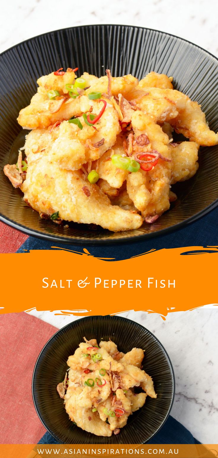 salt and pepper fish on a black plate with an orange border overlay that says salt and pepper fish