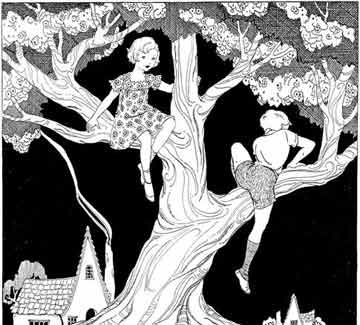 an old black and white drawing of two children on a tree with houses in the background