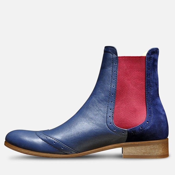 High Quality Leather; upper & lining Man-made sole 2.5 cm / 1.0" heel height 14 cm / 5.5" shaft height Handcrafted in Europe Materials: These Chelsea boots in dark blue shades with contrasting red elastics will make a great addition to your wardrobe. For a dash of originality, the rounded-toe pair is adorned with suede leather at the heel and brogue details. Leathers: Navy Blue Soft, Dark Blue Velvet Elastic: Burgundy Decorations: Brogues Sole: Beige #1685 CUSTOMIZEBANNER9987925889_ Calf Leather Shoes With Removable Insole And Round Toe, Pointed Toe Chelsea Boots With Leather Sole, Chelsea Boots With Rubber Sole And Medium Width, Calf Leather Boots With Rubber Sole And Flat Heel, Leather Shoes With Leather Sole And Round Toe, Leather Shoes With Round Toe And Medium Width, Leather Chelsea Boots With Flat Heel, Calf Leather Boots With Removable Insole And Round Toe, Boots With Rubber Sole And Round Toe