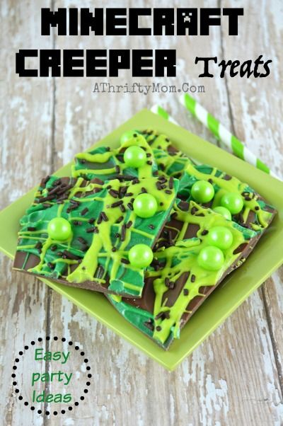 a green and black dessert on a plate with text that reads minecraft creeper treats