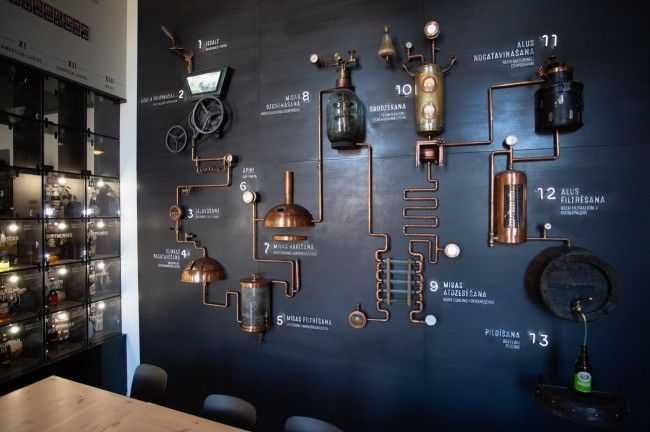 the wall is covered with many different types of items and lights, including copper pipes