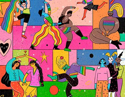 an illustration of people dancing in different colors and patterns, with one person on the other side