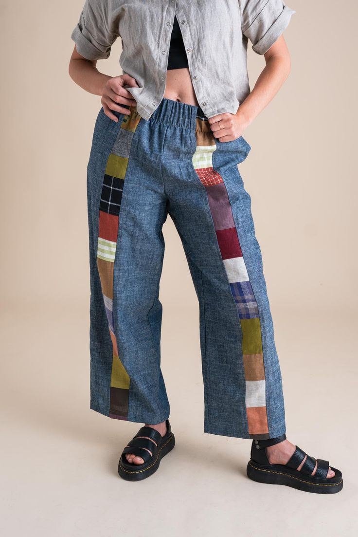 Audra is wearing a size L 30 Between Summer And Fall, Refashion Jeans, Jumpsuit And Cardigan, Quilted Pants, Patchwork Projects, Unique Pants, Patchwork Fashion, Patchwork Clothes, Skirt Leggings