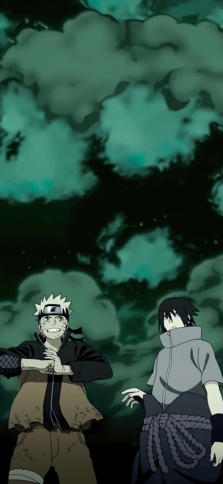 naruto and sashirt standing in front of the sky with their arms outstretched