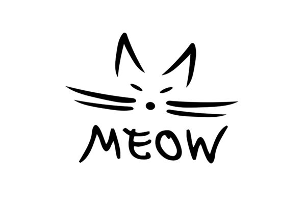 the word meow written in black ink with a cat's face drawn on it