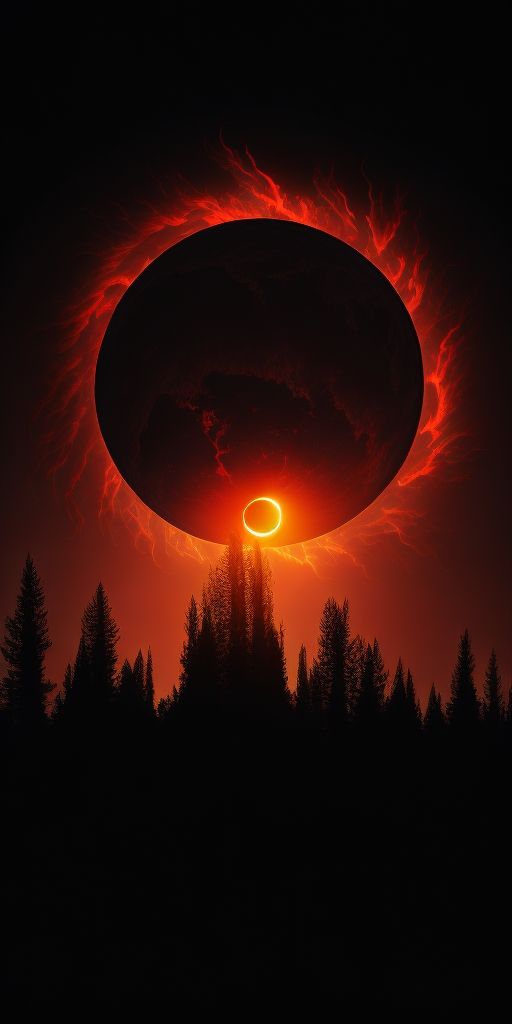 the sun is eclipsed through an object in the dark sky over some pine trees