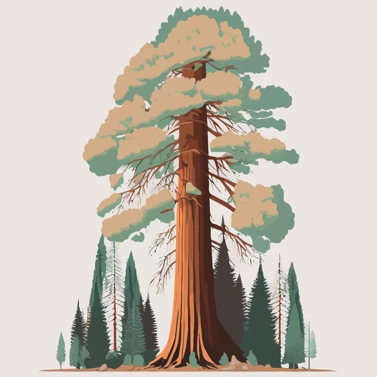 an illustration of a giant tree in the middle of a forest with birds flying around it