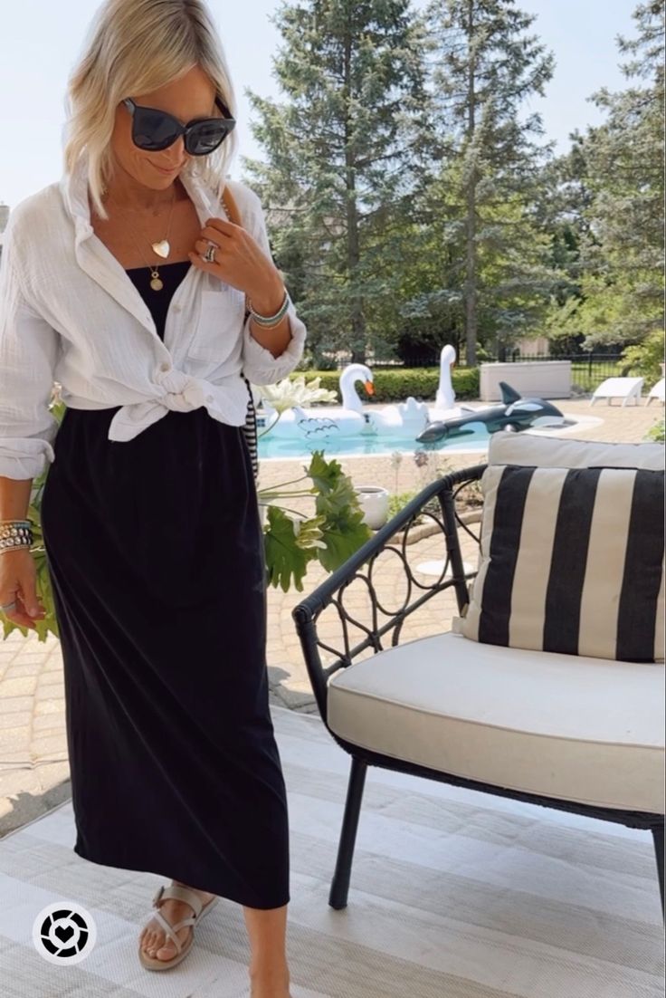 Button Down Shirt Over Maxi Dress, Black And White Vacation Outfits, White Button Down Outfit, Button Down Outfit, Postpartum Fashion, White Summer Outfits, Black Maxi, Cruise Outfits, White Maxi