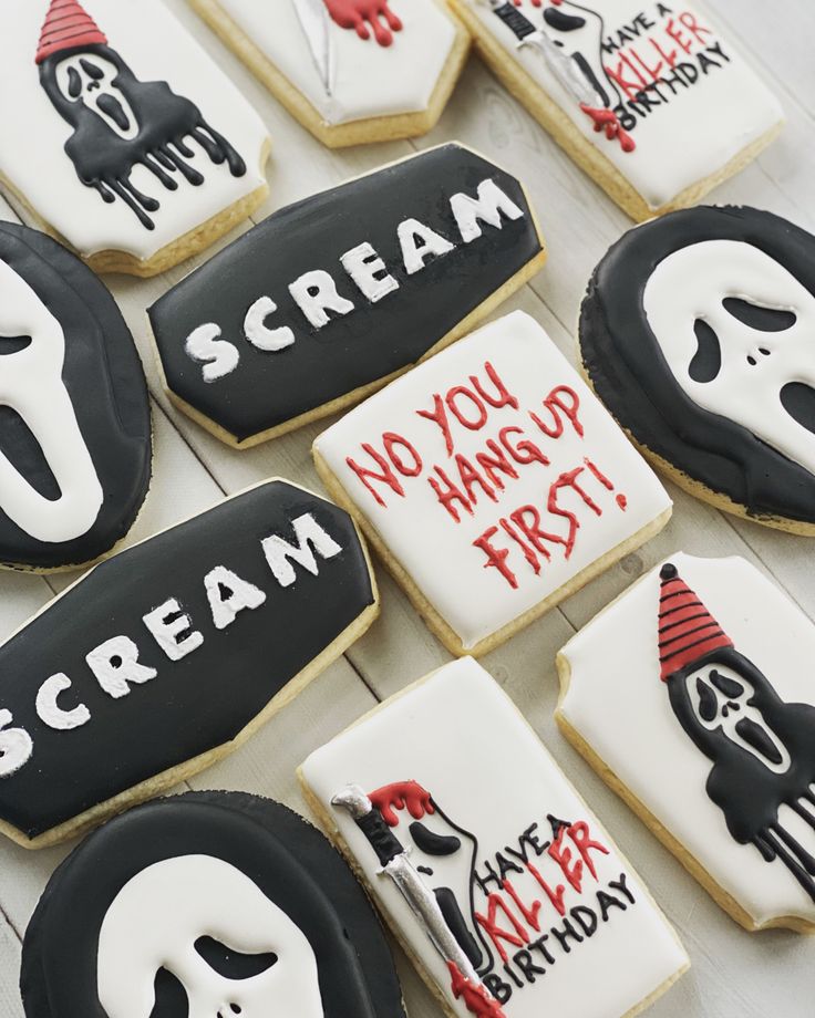 decorated cookies are arranged in the shape of scream, no you hang up first and happy birthday