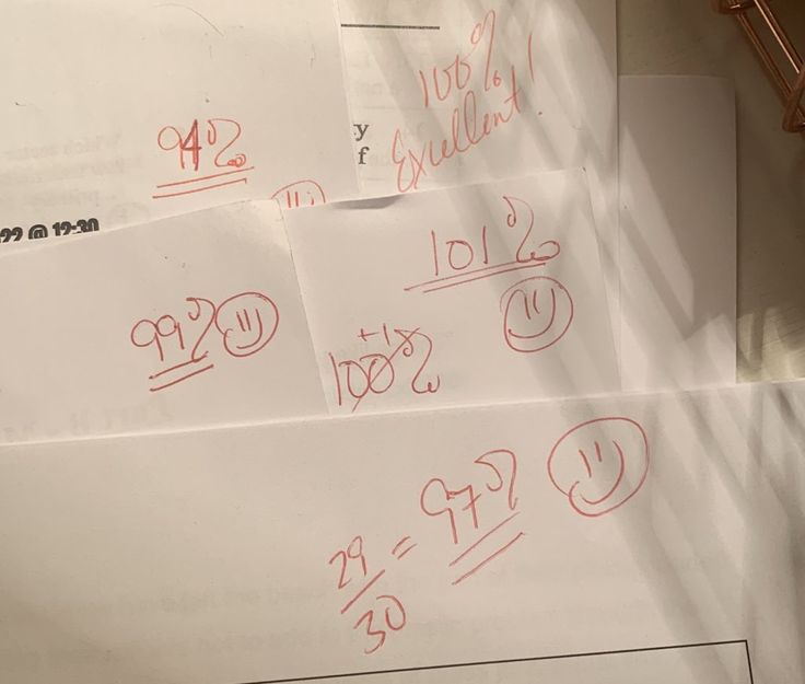 three sheets of white paper with red writing on them and numbers drawn on the side