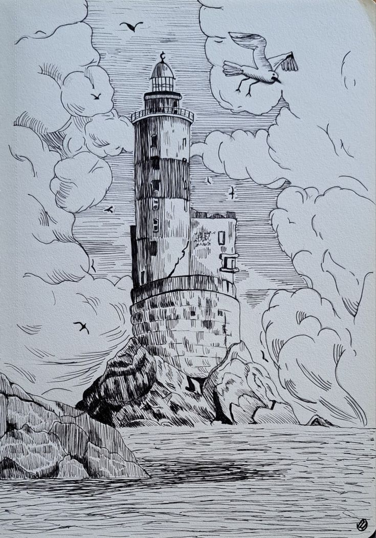 a drawing of a lighthouse on top of a rock in the ocean with birds flying around