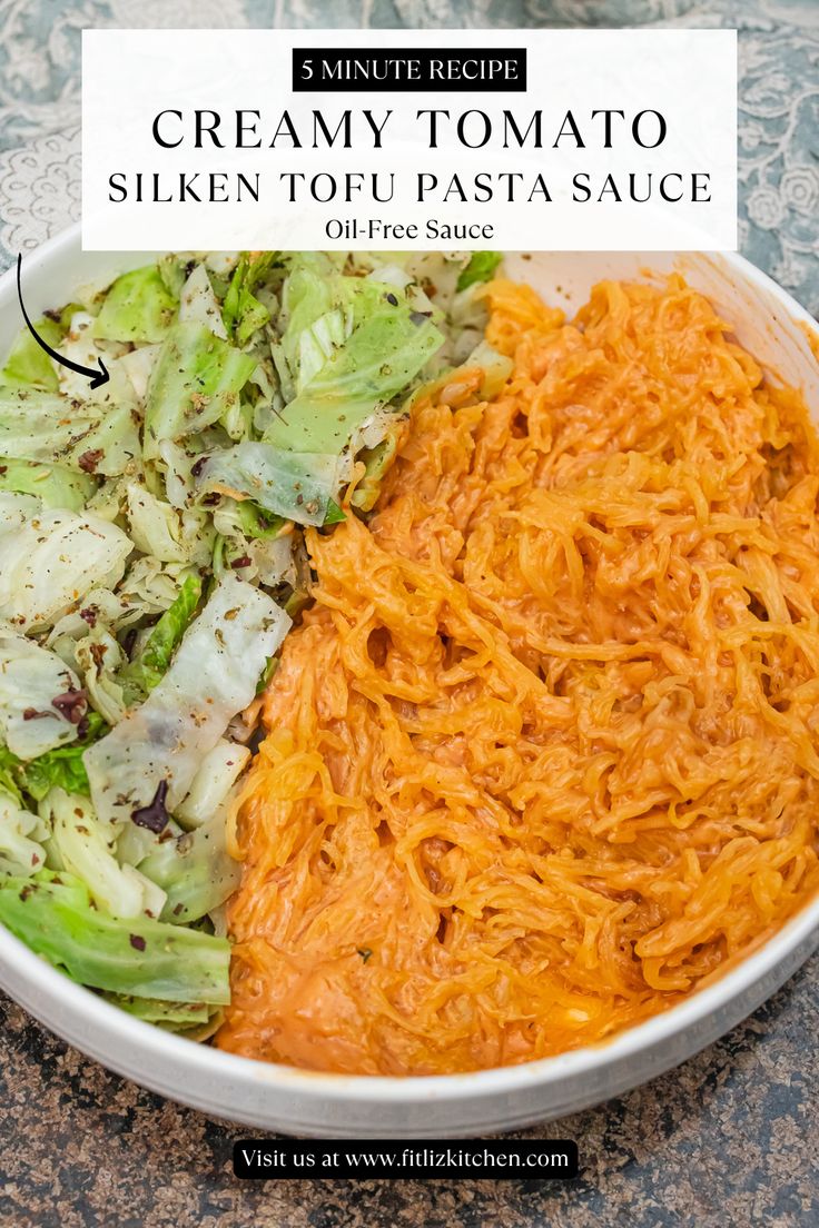 a white bowl filled with shredded tofu and coleslaw next to a salad