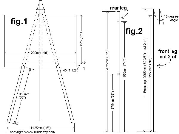 a drawing of a wooden easel with measurements for the top and bottom section,