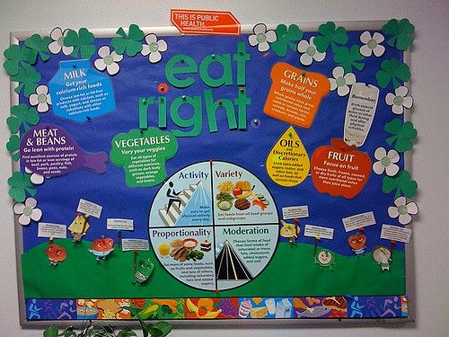 a bulletin board with words and pictures on it that say eat right, veggies