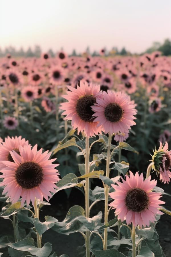 a large field full of pink sunflowers