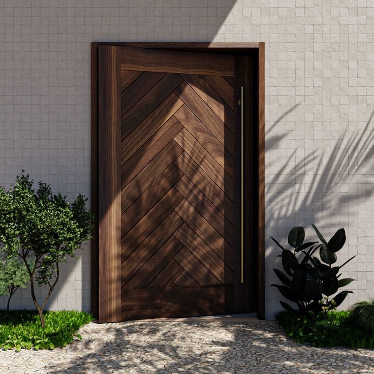 An elegant, symmetrical design that adds texture and drama to your entryway. The Montauk Herringbone Pivot Door is available in over twenty wood species for the ultimate custom look. Pictured with Door Matched Wood Jamb. Modern Pivot Door, Pivot Doors Entry, Glass Pocket Door, Custom Exterior Doors, Pocket Door Frame, Sliding Cabinet Doors, Modern Sliding Barn Door, Modern Entry Door, Modern Exterior Doors