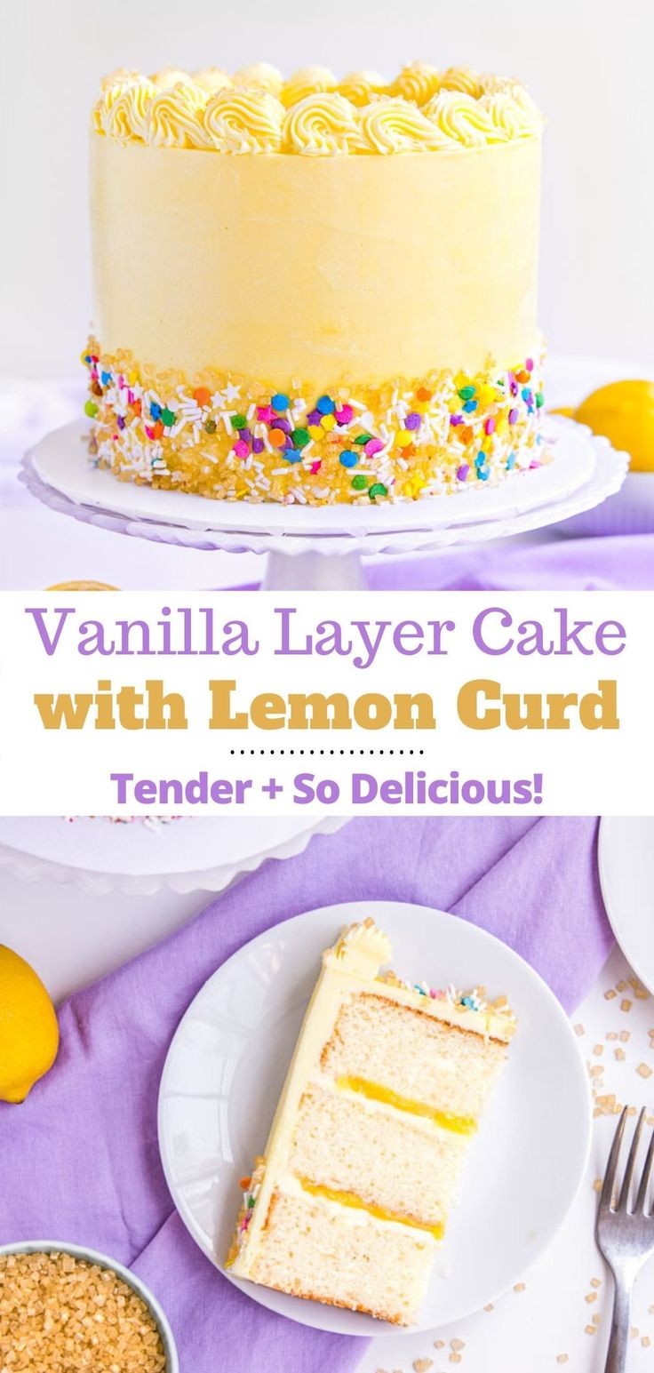 a vanilla layer cake with lemon curd and sprinkles on a white plate