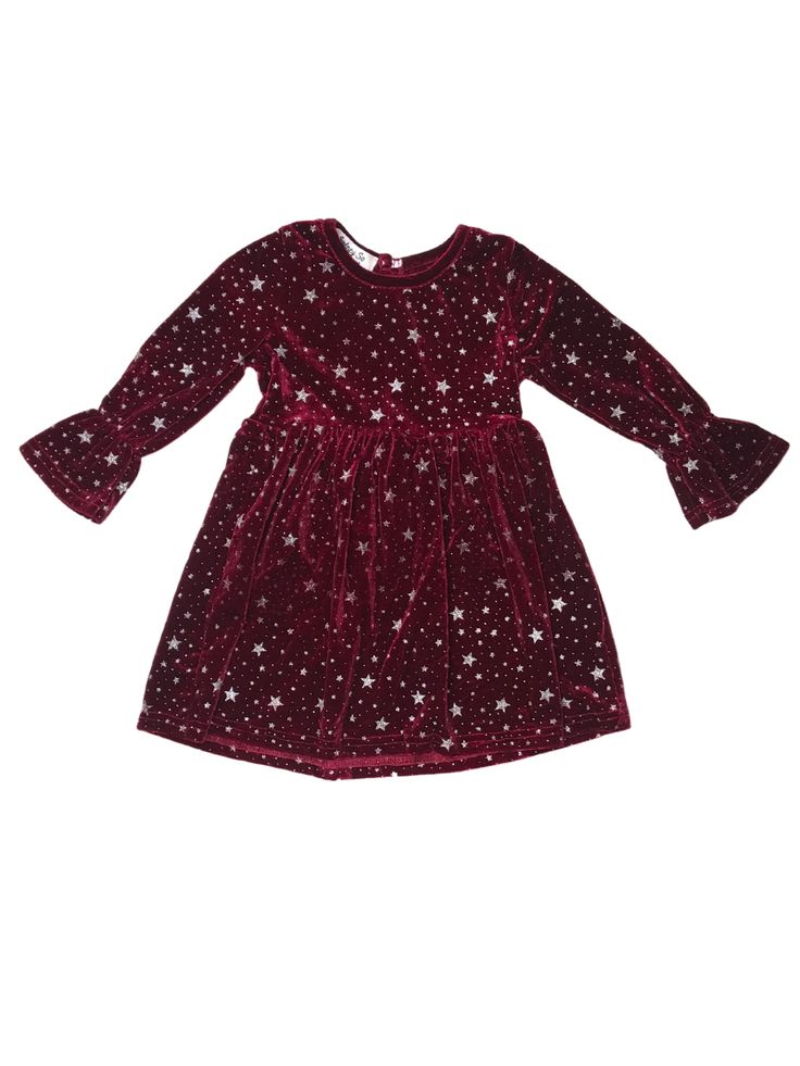 Pick up the perfect pretty dress for every fancy night under the stars with our Burgundy Starry Night Velvet Flare Girls Dress! This burgundy long sleeve dress features silver starry night stars and flare sleeves. We are loving this dress with a pair of black boots and a coordinating hair bow. This dress is perfect for late night parties, star gazing, fancy dinners, and so much more! Pick up this pretty dress while your little's size is still in stock and be sure to checkout our other stylish dr Long Sleeve Dress For Holiday Dress-up, Fitted Holiday Dress For Fall Dress-up, Holiday Long Sleeve Dress-up Dress, Fitted Dress For Dress-up Holiday In Fall, Long Sleeve Dresses For Holiday Dress-up, Long Sleeve Holiday Dress For Party Season, Fitted Long Sleeve Holiday Dress For Dress-up, Long Sleeve Christmas Holiday Dress, Long Sleeve Holiday Dress For Holiday Party