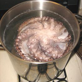 an octopus is cooking in a pot on the stove