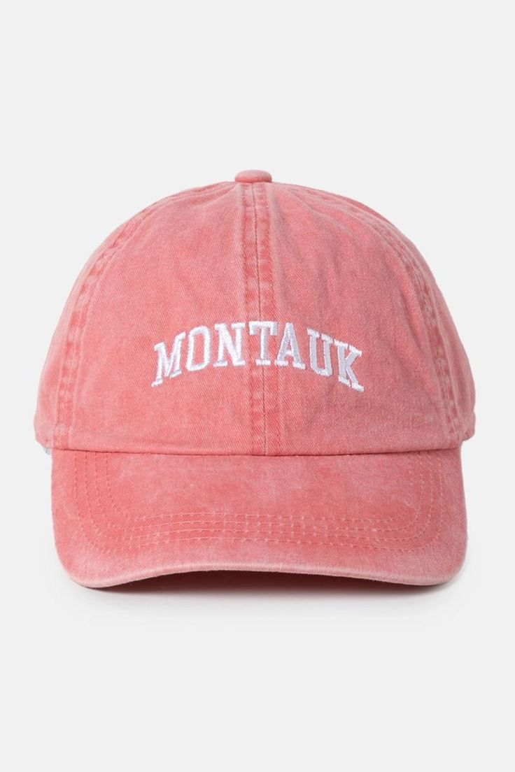 If you love Montauk, you'll love this hat! It's made of organic cotton and has a stylish embroidery of the word Montauk on the front. It's perfect for sunny days at the beach or casual outings with friends. Montauk Embroidered 100% Cotton One size fits most Spring Vacation Cotton Baseball Cap, Trendy Cotton Baseball Cap For Vacation, Pink Casual Hat With Letter Embroidery, Casual Pink Hats With Letter Embroidery, Cotton Beach Baseball Cap, Pink Cotton Baseball Cap With Letter Print, Beach Letter Print Cotton Baseball Cap, Casual Vacation Hats With Embroidered Logo, Pink Casual Dad Hat With Letter Print