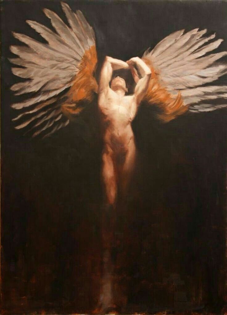 an oil painting of a man with wings on his body and hands in the air