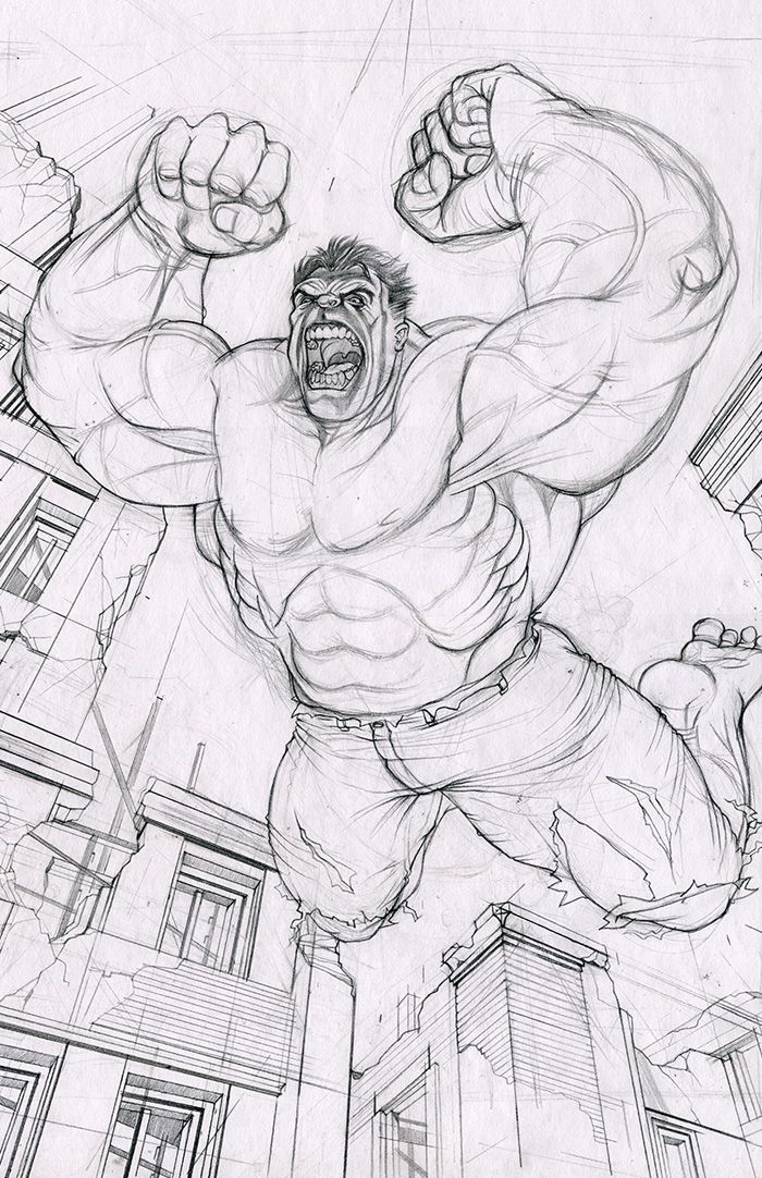 a drawing of the incredible hulk in front of a cityscape with buildings and skyscrapers